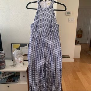 Miami sleeveless halter neckline blue and white eyelet wide leg cropped jumpsuit